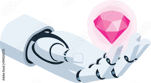 Minimalist White 3D Robot Hand Holding Glowing Pink Diamond Isometric Vector