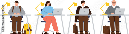 Diverse People Working on Laptops at Desks Vector Set Featuring Students and Professionals in Coworking Space or Library Environment