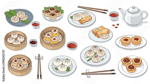 Wide variety of traditional Chinese dim sum dishes including steamed buns, dumplings, and spring rolls served on various plates with a pot of hot tea.