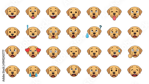 Large collection of golden retriever dog emoji faces expressing a wide range of human emotions such as joy, sadness, surprise, anger, and love.