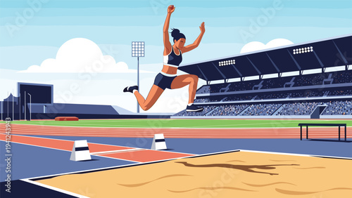 Female track and field athlete performs a powerful long jump into a sand pit during a competition at a large outdoor stadium under a clear blue sky.