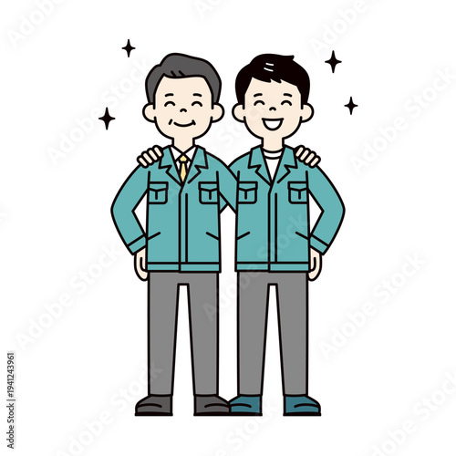 肩を組む、作業服を着た社長とビジネスマン・サラリーマン・男性社員の全身ベクターイラスト素材