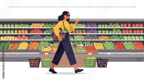 Stylish woman carrying a basket full of fresh vegetables walks past shelves of various produce while shopping at a modern grocery store or supermarket.