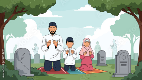 Muslim man and his two children kneel on prayer rugs to offer prayers at a cemetery surrounded by tombstones and trees on a quiet day.