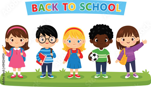 Back to School Vector Illustration with a Diverse Group of Happy Elementary Students Carrying Backpacks, Books, and Soccer Ball
