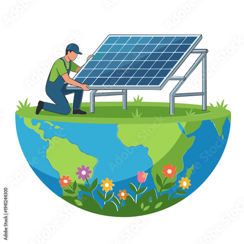 Man installing solar panel on green earth with flowers and plants