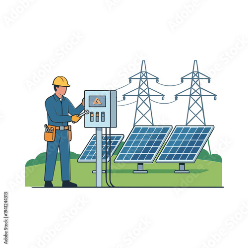 A worker in a yellow hard hat adjusts an electrical control panel near solar panels and power transmission towers on a green field.