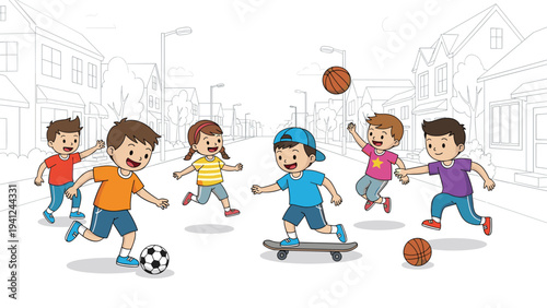 Group of active children playing various sports including soccer, basketball, and skateboarding on a neighborhood street with houses in the background.