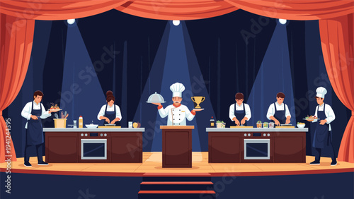 Professional chefs in white uniforms compete in a high stakes cooking competition on a brightly lit stage with multiple workstations and a host.