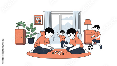 Group of young children having fun playing with marbles on a colorful rug in a cozy living room with plants and furniture in the background.