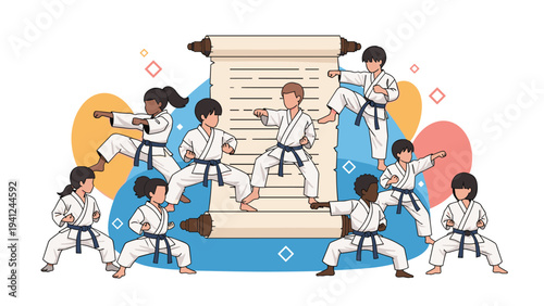 Large group of diverse children practicing karate moves in a martial arts class while wearing white uniforms and colored belts in front of a scroll.