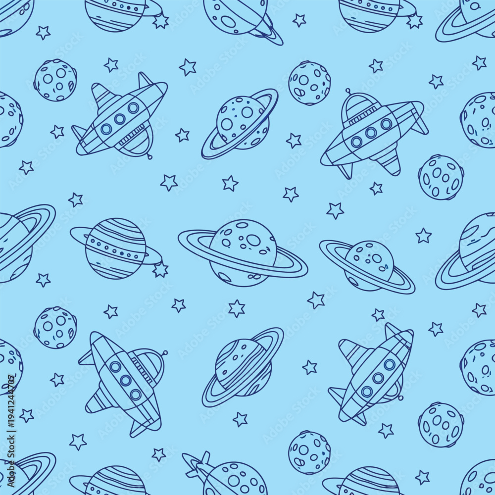 Obraz premium Seamless Pattern of Spacecraft, Planets, and Stars in Orbit Around Celestial Bodies in a Cosmic Environment, Viewed from Space, 1 (24).eps
