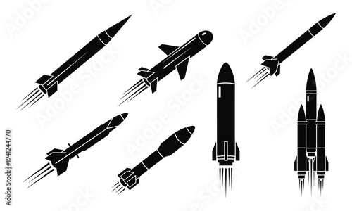 Rocket Missile Launch Silhouette Icon Set Ballistic Missile and Rocket Launch Vector