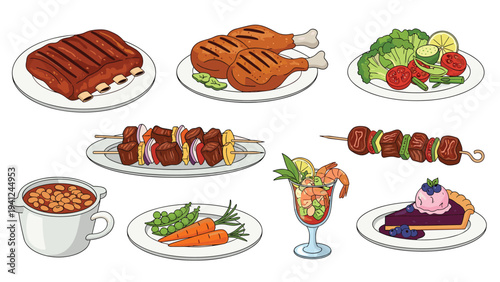 Selection of grilled meats and healthy side dishes including ribs, chicken legs, beef skewers, vegetable salad, beans, and shrimp cocktail.