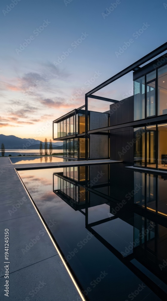Fototapeta premium Modern Architectural Reflection at Sunset Modern Architecture Sunset Reflection Contemporary Design Luxury Home Water Feature Landscape. Concept featuring modern architecture, sunset, reflection, c...