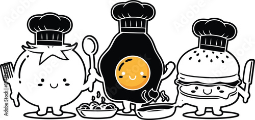 Cute cartoon food characters cooking delicious meals, representing healthy eating and culinary arts with a fun, playful style, ideal for food blogs and restaurant menus