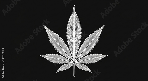 Detailed gray cannabis leaf illustration on solid black background symbolizing marijuana hemp or herbal medicine concepts
