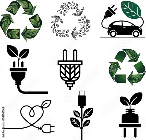 Vector set of ecology icons with trees leaves plants recycling symbols and nature environment design elements illustration