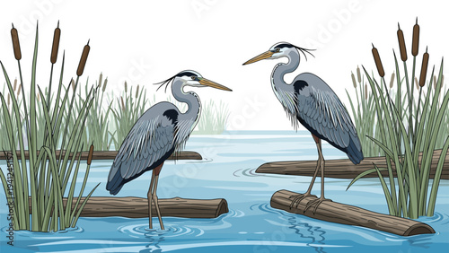 Pair of blue herons stand on floating logs in a peaceful marshy area with tall reeds and calm blue water under a bright white sky.