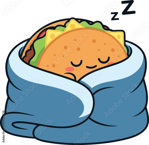 A sleeping taco wrapped in a blue blanket, resting peacefully with z's above, illustration of a food item 1 (28).eps