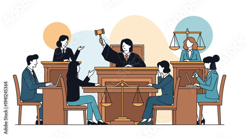 Professional judge holding a gavel presides over a legal proceeding in a courtroom filled with lawyers and assistants working on laptops.