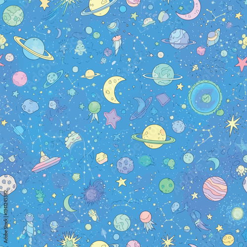 Vibrant Space Scene with Planets, Stars, and Celestial Bodies in a Whimsical Universe View