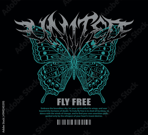 Tablou pe pânză Vector illustration edgy butterfly graphic with metal typography and Fly Free