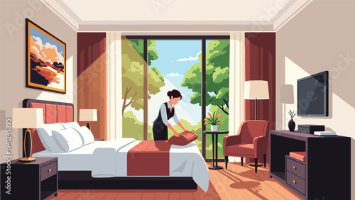 Hotel maid in uniform diligently makes the bed and organizes a luxury guest room with large windows overlooking a scenic green forest.