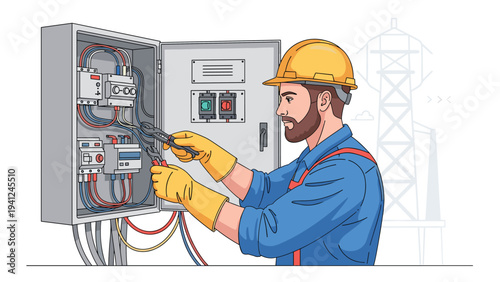 Skilled electrician wearing safety gloves and a hard hat repairs a complex electrical panel with various switches and colored wires.
