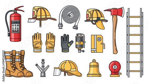 Collection of firefighting tools including helmets, fire extinguisher, hose, axe, ladder, and boots shown as flat vector icons on white.