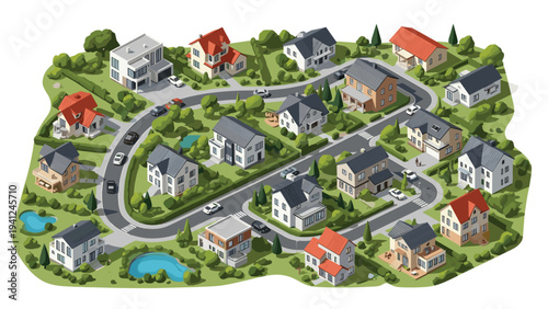 Isometric view of a peaceful suburban neighborhood featuring various modern houses, green trees, small ponds, and winding asphalt roads.