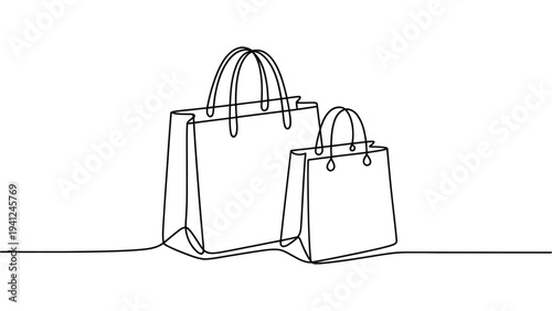Minimal continuous line drawing of two shopping bags on surface, modern retail and consumer concept illustration, simple outline vector style paper bag packaging design for store shopping 
