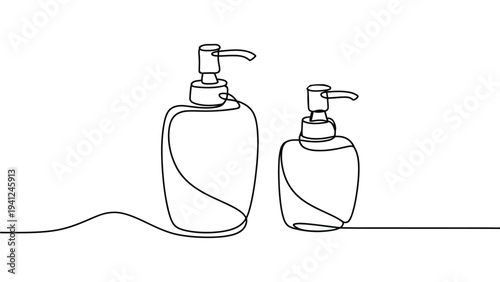  Minimal continuous line drawing of two liquid soap pump dispenser bottles on countertop, modern hygiene and cleaning concept illustration, simple outline vector style bathroom sanitizer container des