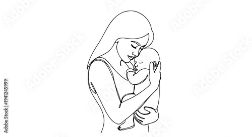 Continuous One Line Mother Holding Baby Vector – Motherhood Love Line Art