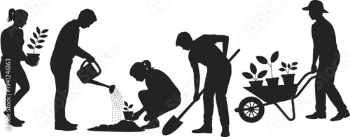 Silhouettes of people gardening with plants and tools on a white background