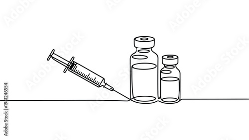 continuous one line drawing of medical syringe with vaccine vials minimalist outline healthcare illustration representing vaccination medicine treatment immunization concept modern line art 