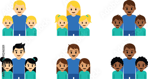 Father and Children Avatar Set with Happy Dad and Kids Characters for Family Profiles, Parenting Concept Illustrations, and Social Media Icons.