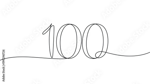 continuous one line drawing of number 100 minimalist outline typography design representing achievement success milestone celebration modern single line art isolated on light background 