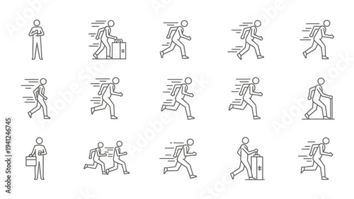 Running stick figure vector illustrations depicting various activities and travel