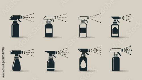 Set of spray bottles in different designs on beige background