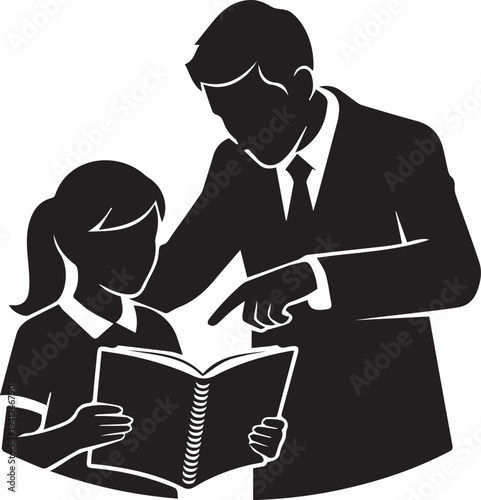 Teacher and student studying together vector silhouette illustration, man pointing at book