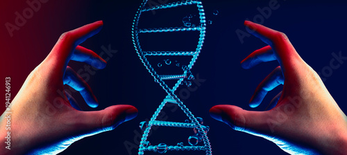 3d of human hand holding the light blood dna cell double helix structure,  network of healthcare business