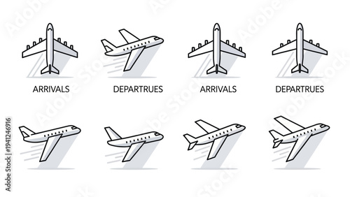 Airplane icons arrivals and departures symbols for travel and aviation