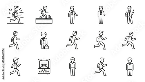 Set of line art human figures representing business and activity