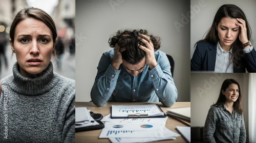 Diverse people experiencing emotional struggle, anxiety disorder, depression, mental health challenges, chronic stress, despair, daily life pressures, seeking well-being support