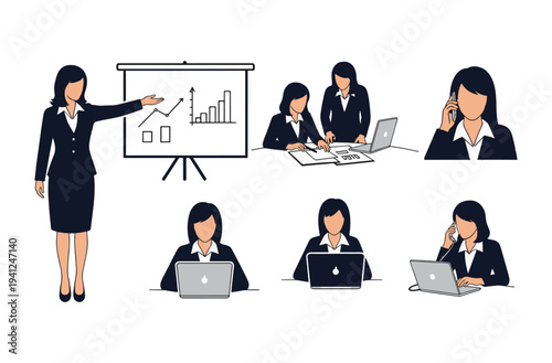 Business woman working in office character set showing presentation with flipchart and laptop usage and talking on mobile phone for corporate training and web marketing materials