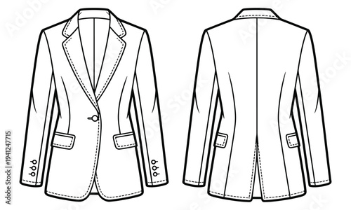 Front and back view of a tailored women's blazer with a single button closure and pocket details.