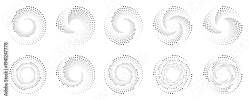 Halftone dots in circle form. round logo. Round dotted pattern geometric background. Dotted circle, vintage abstract dot halftones frames and random dots circles.