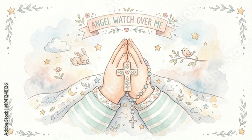 Prayer hands cute watercolor nursery illustration

