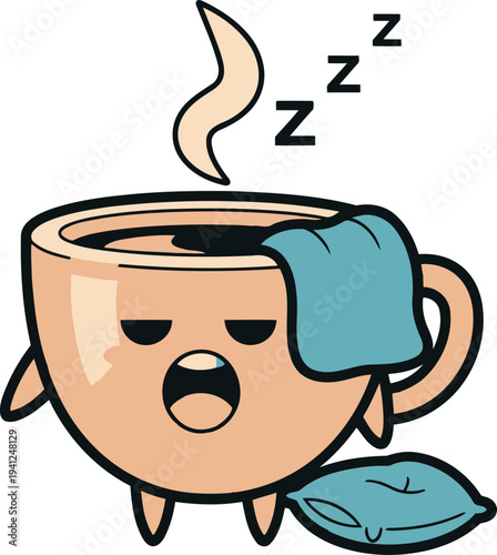 A cartoon coffee cup character sleeping with a pillow on a calm morning scene, '1 (60).eps' style